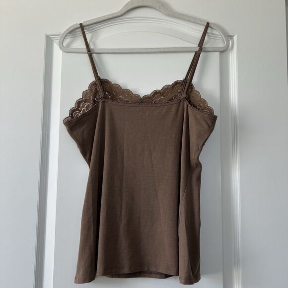 Garnet Hill Lace Accented Cami Tank Brown Womens Size Medium Adjustable Straps - Picture 2 of 8